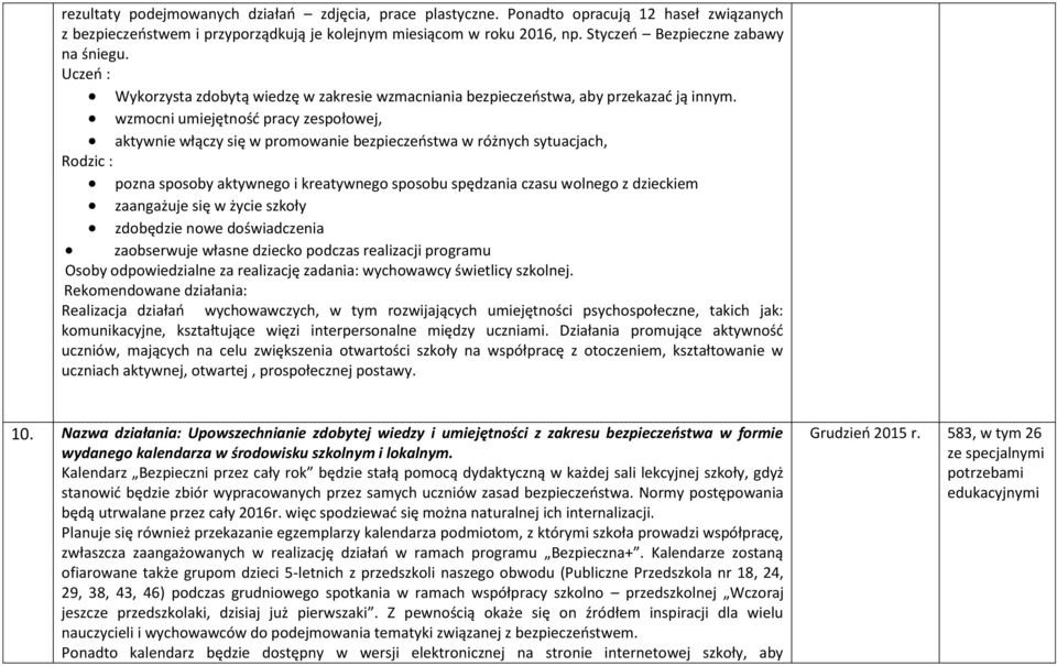 wzmocni umiejętnośd pracy zespołowej, aktywnie włączy się w promowanie bezpieczeostwa w różnych sytuacjach, Rodzic : pozna sposoby aktywnego i kreatywnego sposobu spędzania czasu wolnego z dzieckiem