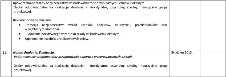 Promocja bezpieczeostwa wśród uczniów, rodziców, nauczycieli, przedszkolaków oraz w najbliższym otoczeniu.