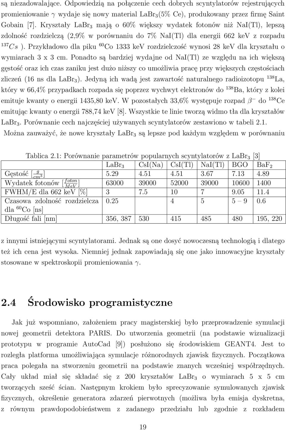 Przykładowo dla piku 60 Co 1333 kev rozdzielczość wynosi 28 kev dla kryształu o wymiarach 3 x 3 cm.