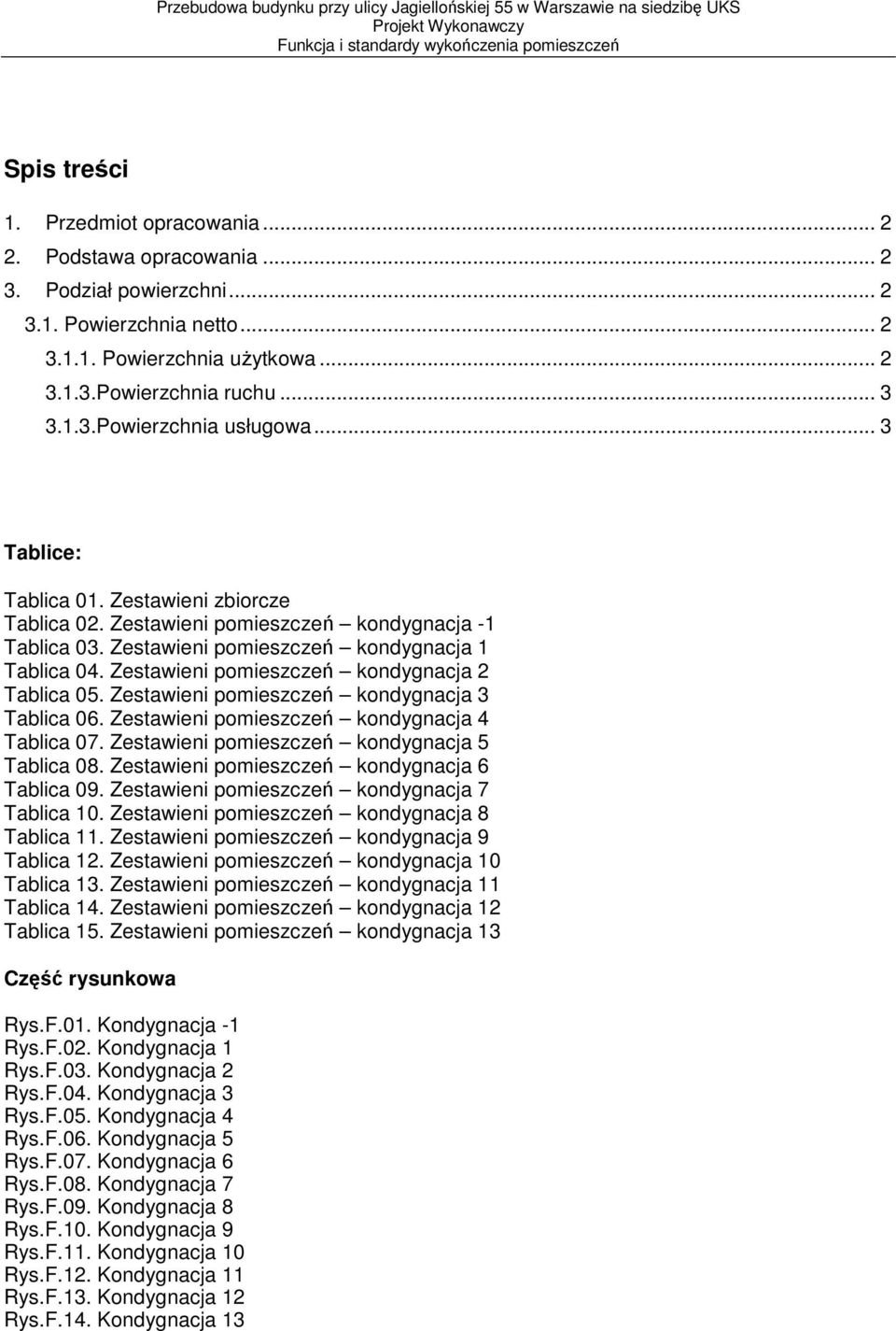 Zestawieni zbiorcze Tablica 02. Zestawieni pomieszczeń kondygnacja -1 Tablica 03. Zestawieni pomieszczeń kondygnacja 1 Tablica 04. Zestawieni pomieszczeń kondygnacja 2 Tablica 05.