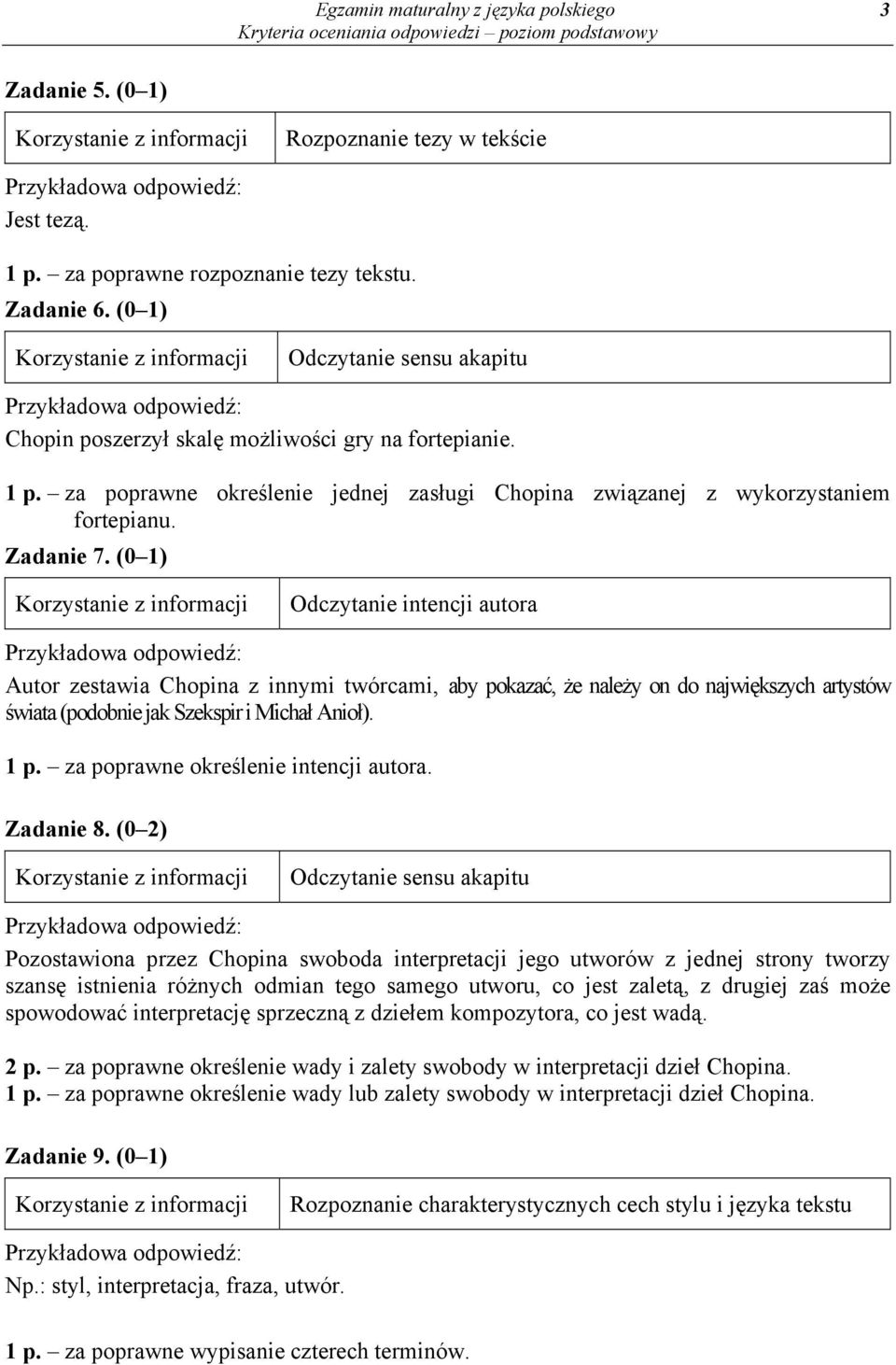 (0 1) Odczytanie intencji autora Autor zestawia Chopina z innymi twórcami, aby pokazać, że należy on do największych artystów świata (podobnie jak Szekspir i Michał Anioł). 1 p.