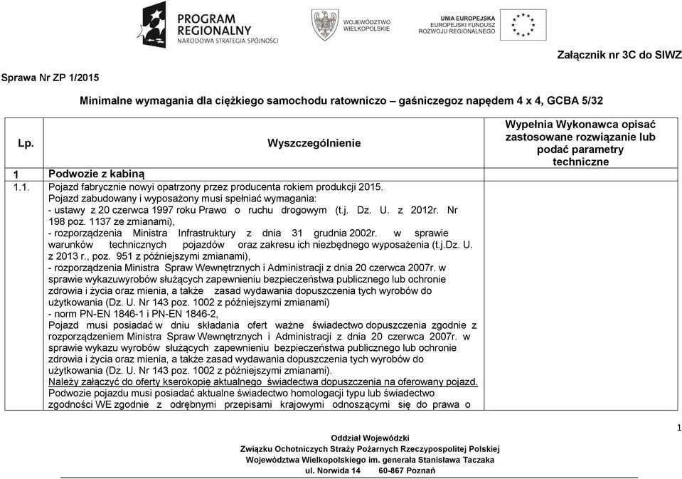 1137 ze zmianami), - rozporządzenia Ministra Infrastruktury z dnia 31 grudnia 2002r. w sprawie warunków technicznych pojazdów oraz zakresu ich niezbędnego wyposażenia (t.j.dz. U. z 2013 r., poz.