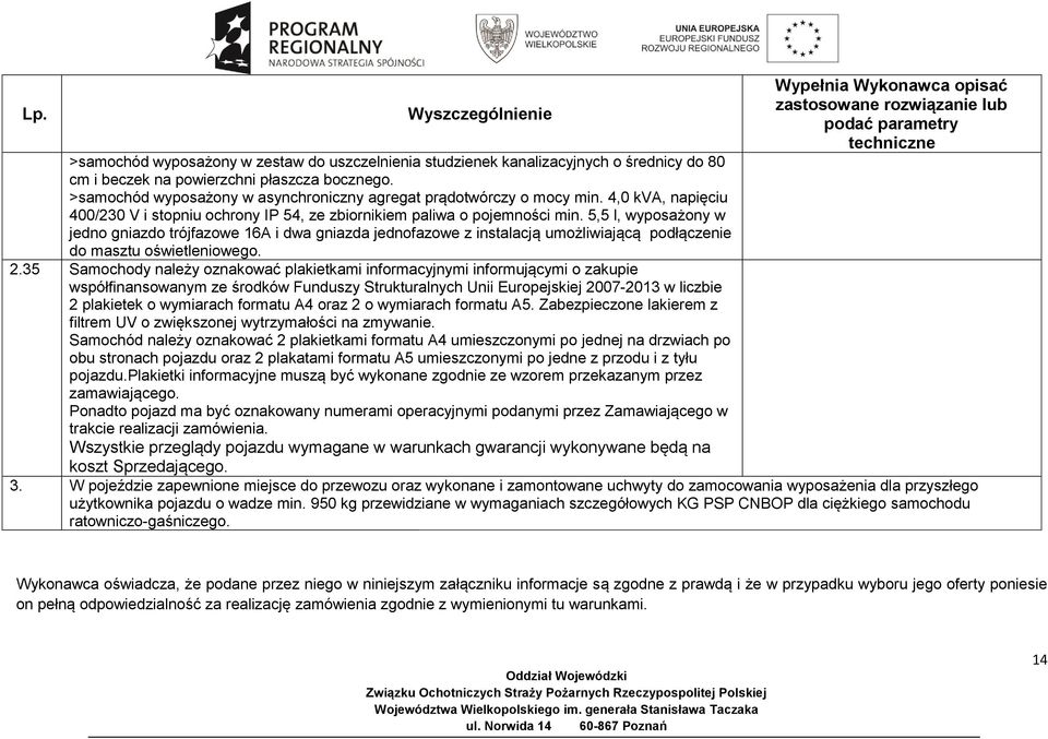 5,5 l, wyposażony w jedno gniazdo trójfazowe 16A i dwa gniazda jednofazowe z instalacją umożliwiającą podłączenie do masztu oświetleniowego. 2.