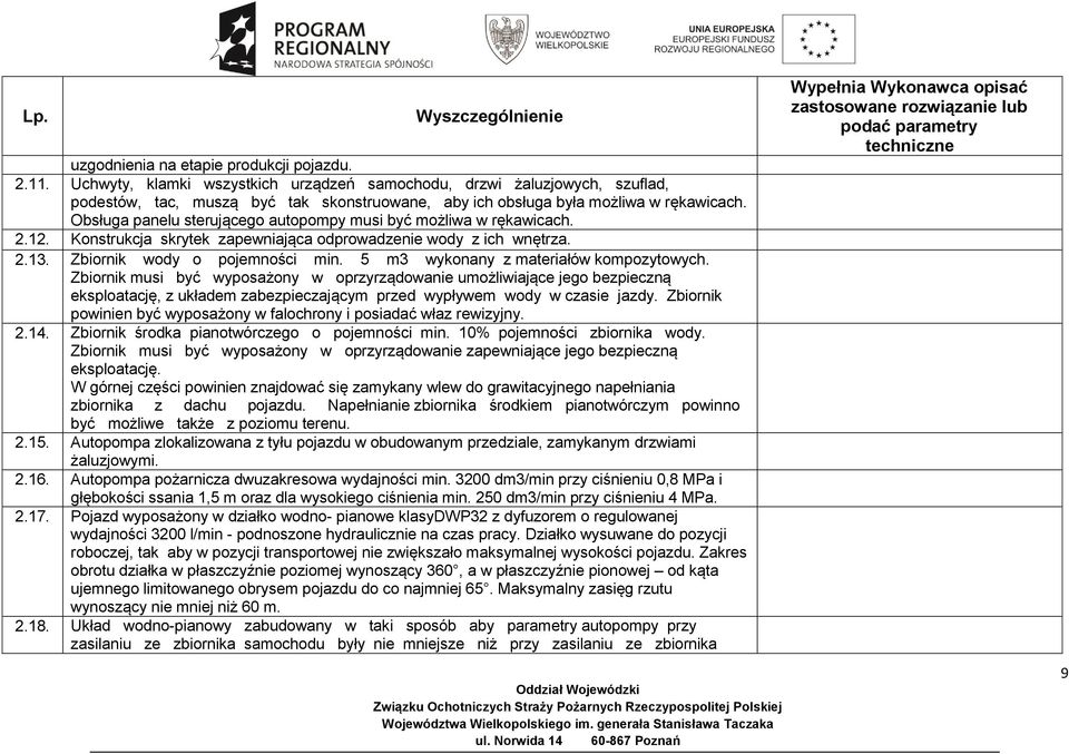 Obsługa panelu sterującego autopompy musi być możliwa w rękawicach. 2.12. Konstrukcja skrytek zapewniająca odprowadzenie wody z ich wnętrza. 2.13. Zbiornik wody o pojemności min.