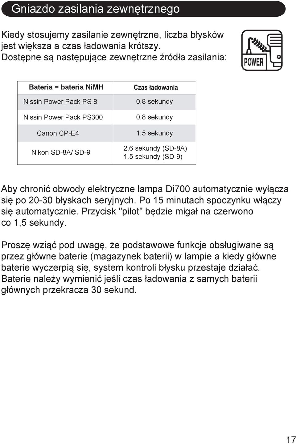 5 sekundy 2.6 sekundy (SD-8A) 1.5 sekundy (SD-9) Aby chronić obwody elektryczne lampa Di700 automatycznie wyłącza się po 20-30 błyskach seryjnych. Po 15 minutach spoczynku włączy się automatycznie.