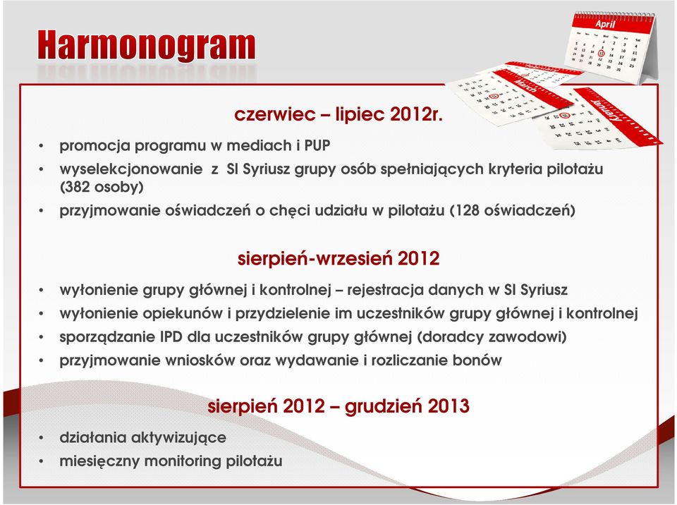 oświadczeń) sierpień-wrzesień 2012 wyłonienie grupy głównej i kontrolnej rejestracja danych w SI Syriusz wyłonienie opiekunów i przydzielenie im