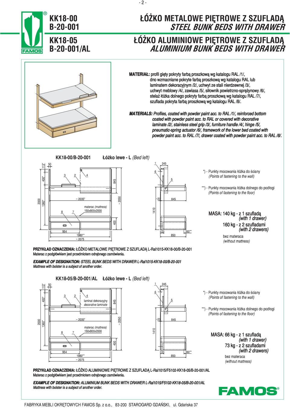 powietrzno-sprê ynowy //, stela ³ó ka dolnego pokryty farb¹ proszkow¹ wg katalogu RAL /7/, szuflada pokryta farb¹ proszkow¹ wg katalogu RAL /8/. MATERIALS: Profiles, coated with powder paint acc.