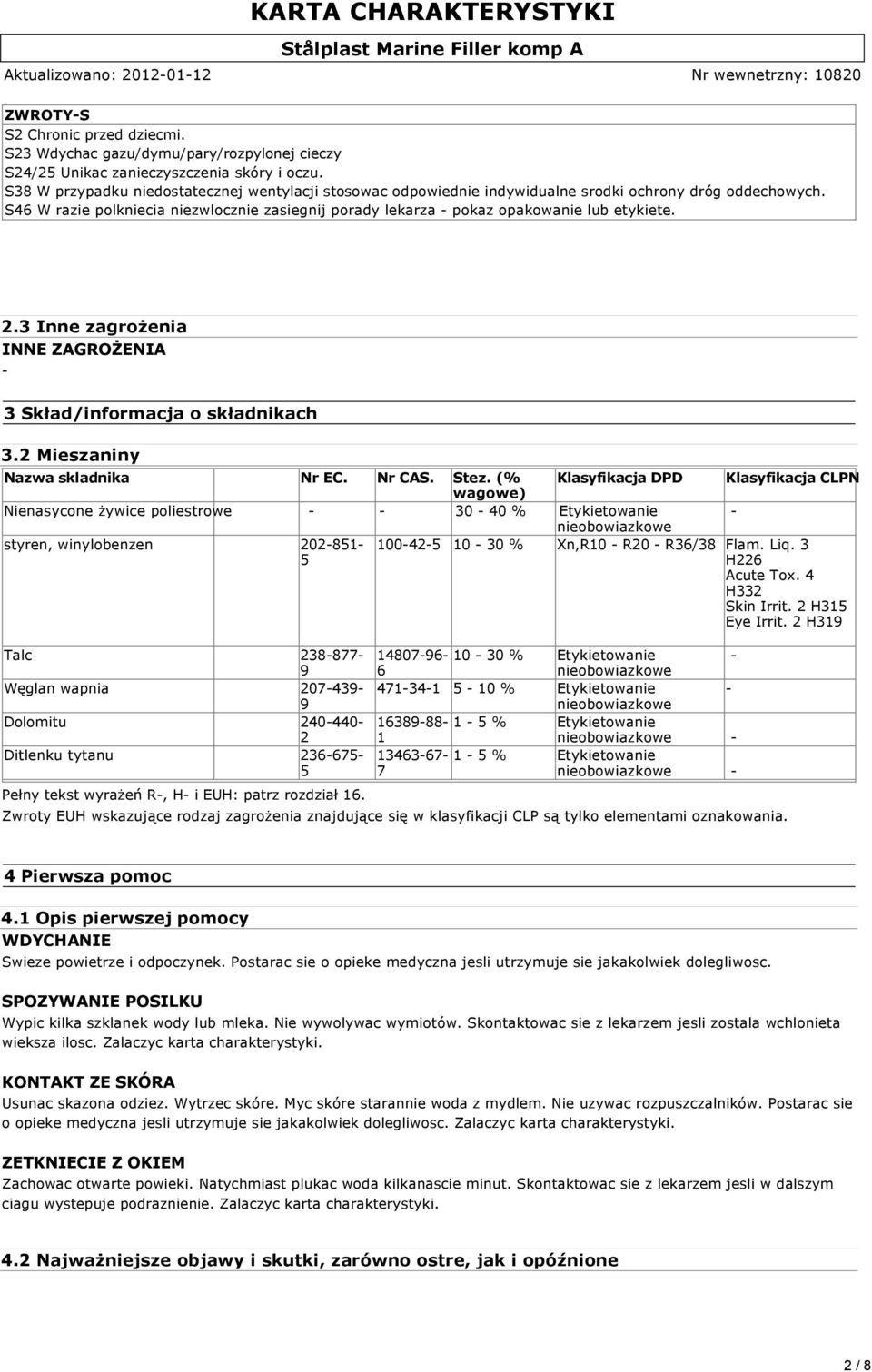 S46 W razie polkniecia niezwlocznie zasiegnij porady lekarza - pokaz opakowanie lub etykiete. 2.3 Inne zagrożenia INNE ZAGROŻENIA - 3 Skład/informacja o składnikach 3.