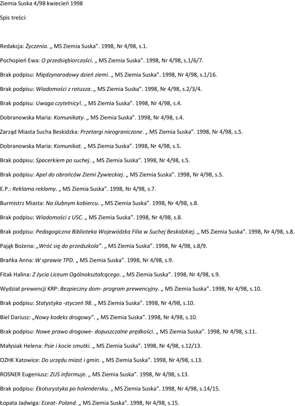 . MS Ziemia Suska. 1998, Nr 4/98, s.4. Dobranowska Maria: Komunikaty. MS Ziemia Suska. 1998, Nr 4/98, s.4. Zarząd Miasta Sucha Beskidzka: Przetargi nieograniczone. MS Ziemia Suska. 1998, Nr 4/98, s.5.