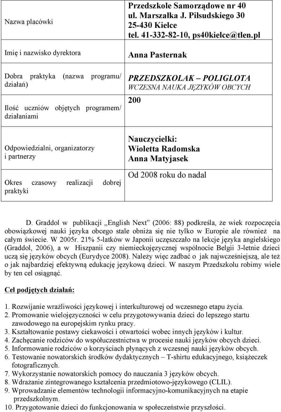 pl Anna Pasternak PRZEDSZKOLAK POLIGLOTA WCZESNA NAUKA JĘZYKÓW OBCYCH 200 Odpowiedzialni, organizatorzy i partnerzy Okres czasowy realizacji dobrej praktyki Nauczycielki: Wioletta Radomska Anna