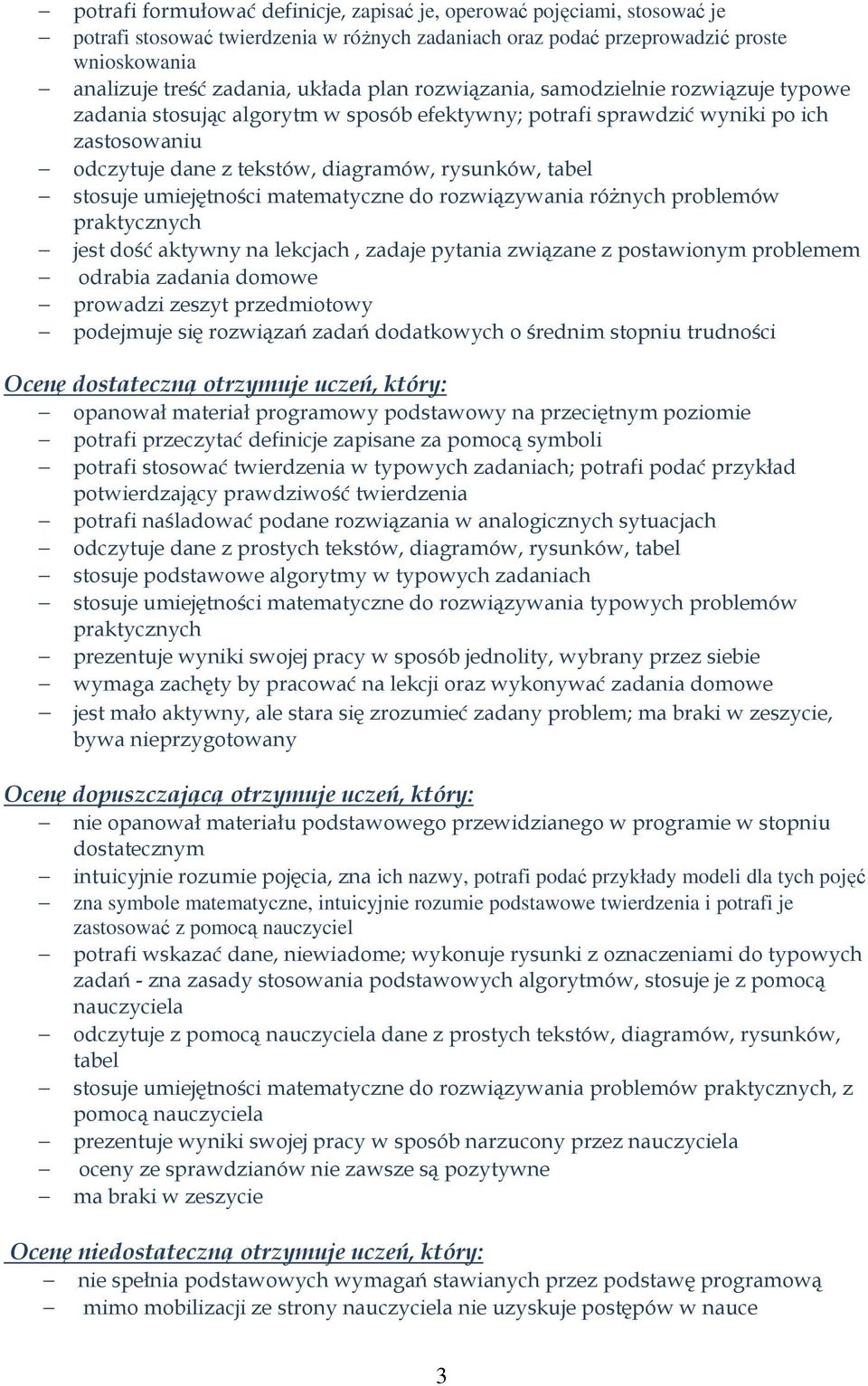 stosuje umiejętności matematyczne do rozwiązywania różnych problemów praktycznych jest dość aktywny na lekcjach, zadaje pytania związane z postawionym problemem odrabia zadania domowe prowadzi zeszyt