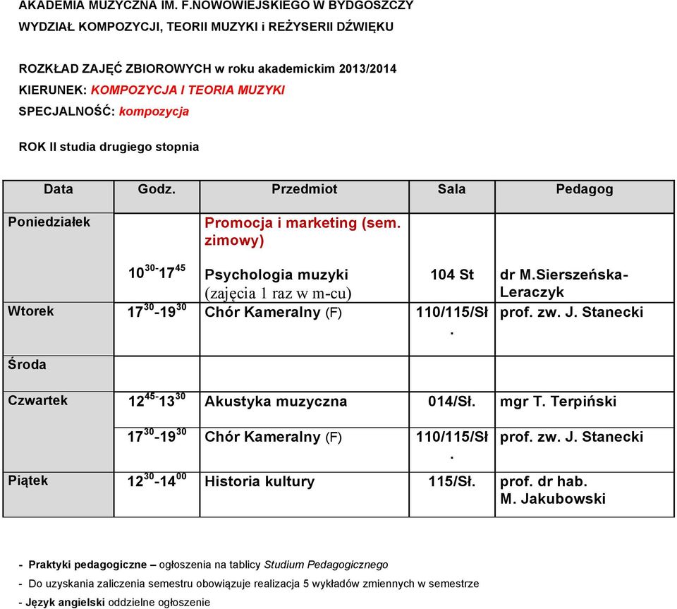 Sierszeńska- (zajęcia 1 raz w m-cu) Leraczyk Wtorek 17 30-19 30 Chór Kameralny (F) 110/115/Sł prof. zw. J. Stanecki.