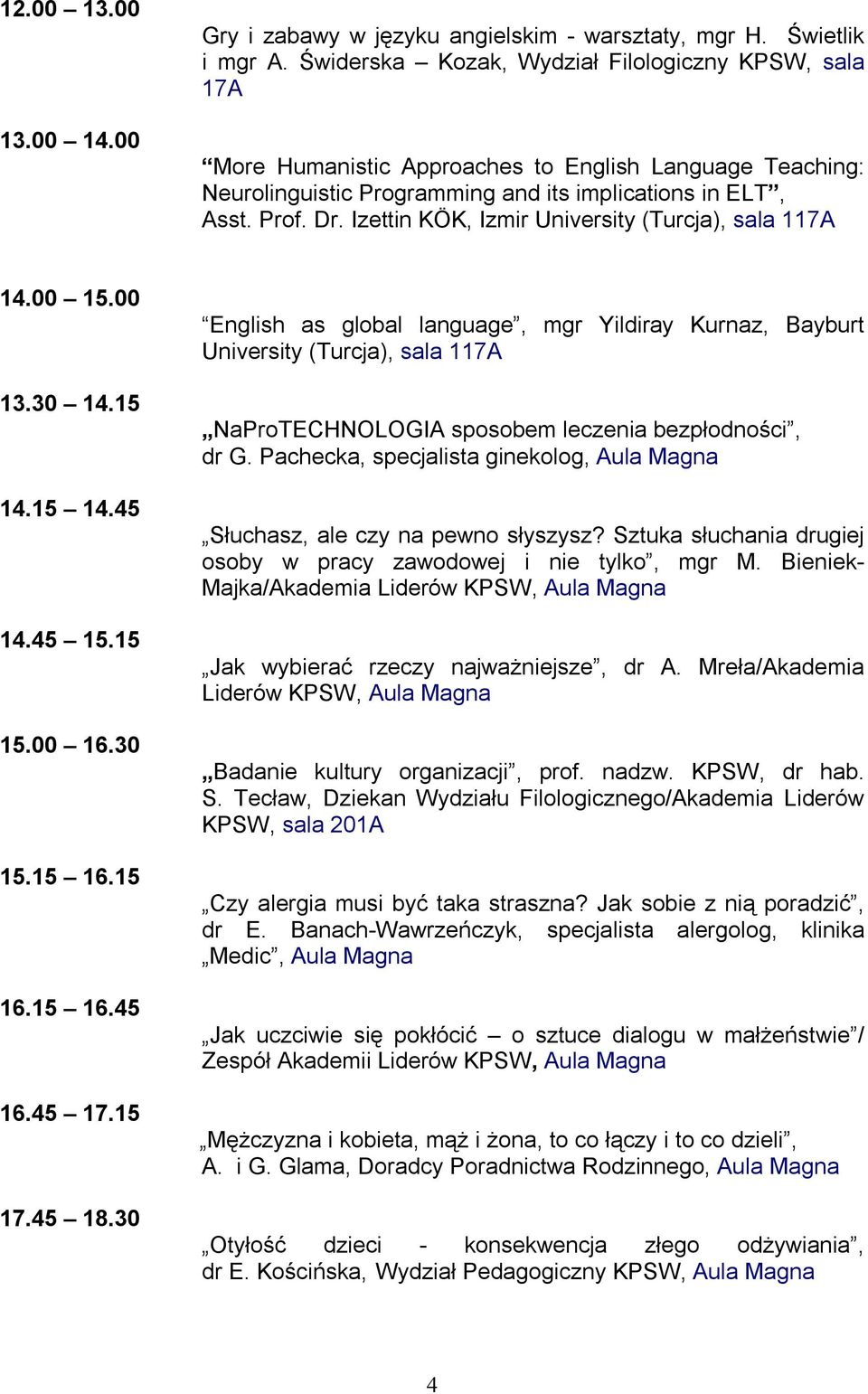 Izettin KÖK, Izmir University (Turcja), sala 117A 14.00 15.00 13.30 14.15 14.15 14.45 14.45 15.15 15.00 16.30 15.15 16.15 16.15 16.45 16.45 17.15 17.45 18.