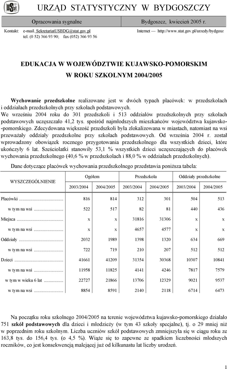 pl/urzedy/bydgosz EDUKACJA W WOJEWÓDZTWIE KUJAWSKO-POMORSKIM W ROKU SZKOLNYM 2004/2005 Wychowanie przedszkolne realizowane jest w dwóch typach placówek: w przedszkolach i oddziałach przedszkolnych