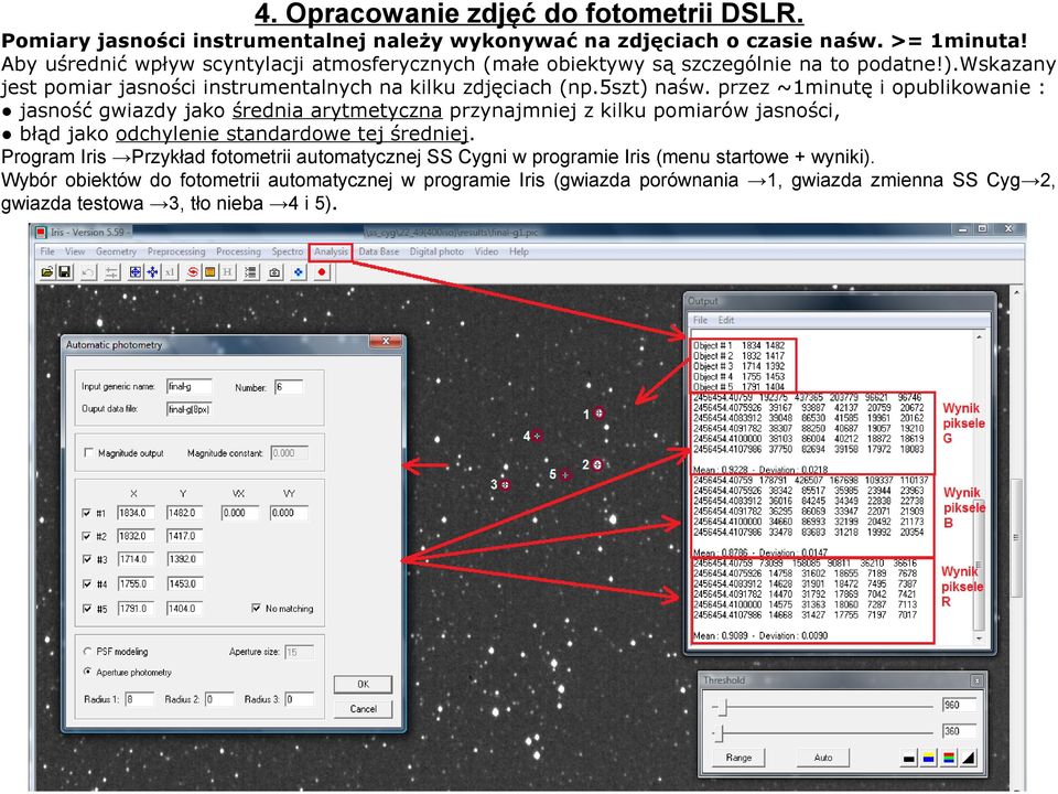 przez ~1minutę i opublikowanie : jasność gwiazdy jako średnia arytmetyczna przynajmniej z kilku pomiarów jasności, błąd jako odchylenie standardowe tej średniej.
