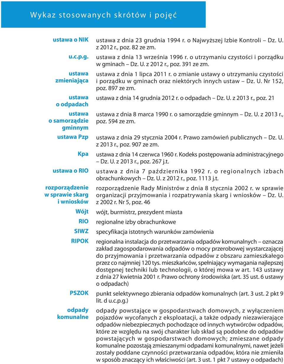 o zmianie ustawy o utrzymaniu czystości i porządku w gminach oraz niektórych innych ustaw Dz. U. Nr 152, poz. 897 ze zm. ustawa z dnia 14 grudnia 2012 r. o odpadach Dz. U. z 2013 r., poz. 21 ustawa z dnia 8 marca 1990 r.