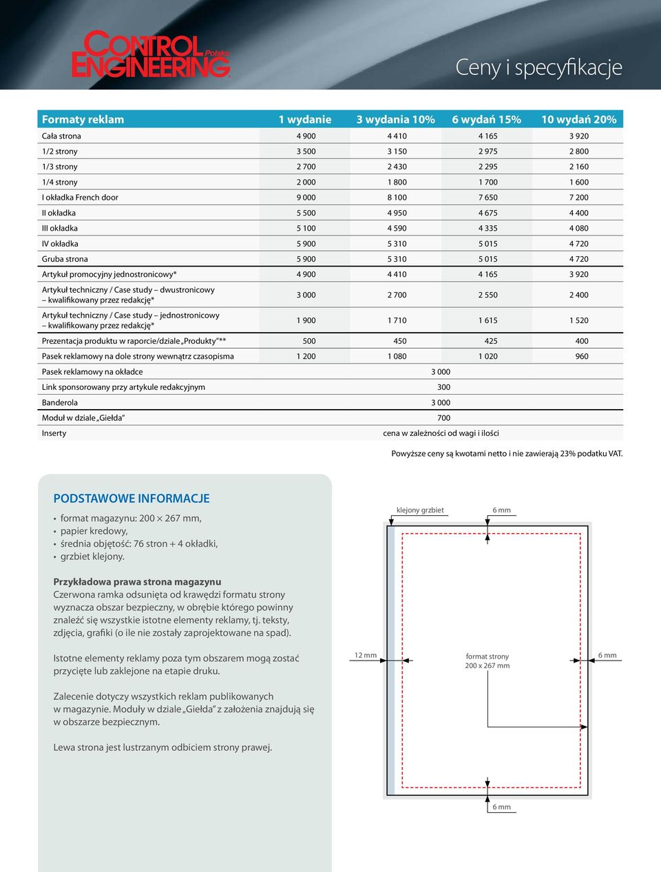 900 5 310 5 015 4 720 Artykuł promocyjny jednostronicowy* 4 900 4 410 4 165 3 920 Artykuł techniczny / Case study dwustronicowy kwalifikowany przez redakcję* 3 000 2 700 2 550 2 400 Artykuł