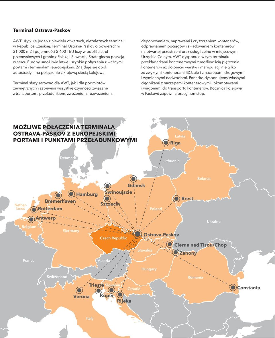 Strategiczna pozycja w sercu Europy umożliwia łatwe i szybkie połączenia z ważnymi portami i terminalami europejskimi. Znajduje się obok autostrady i ma połączenie z krajową siecią kolejową.