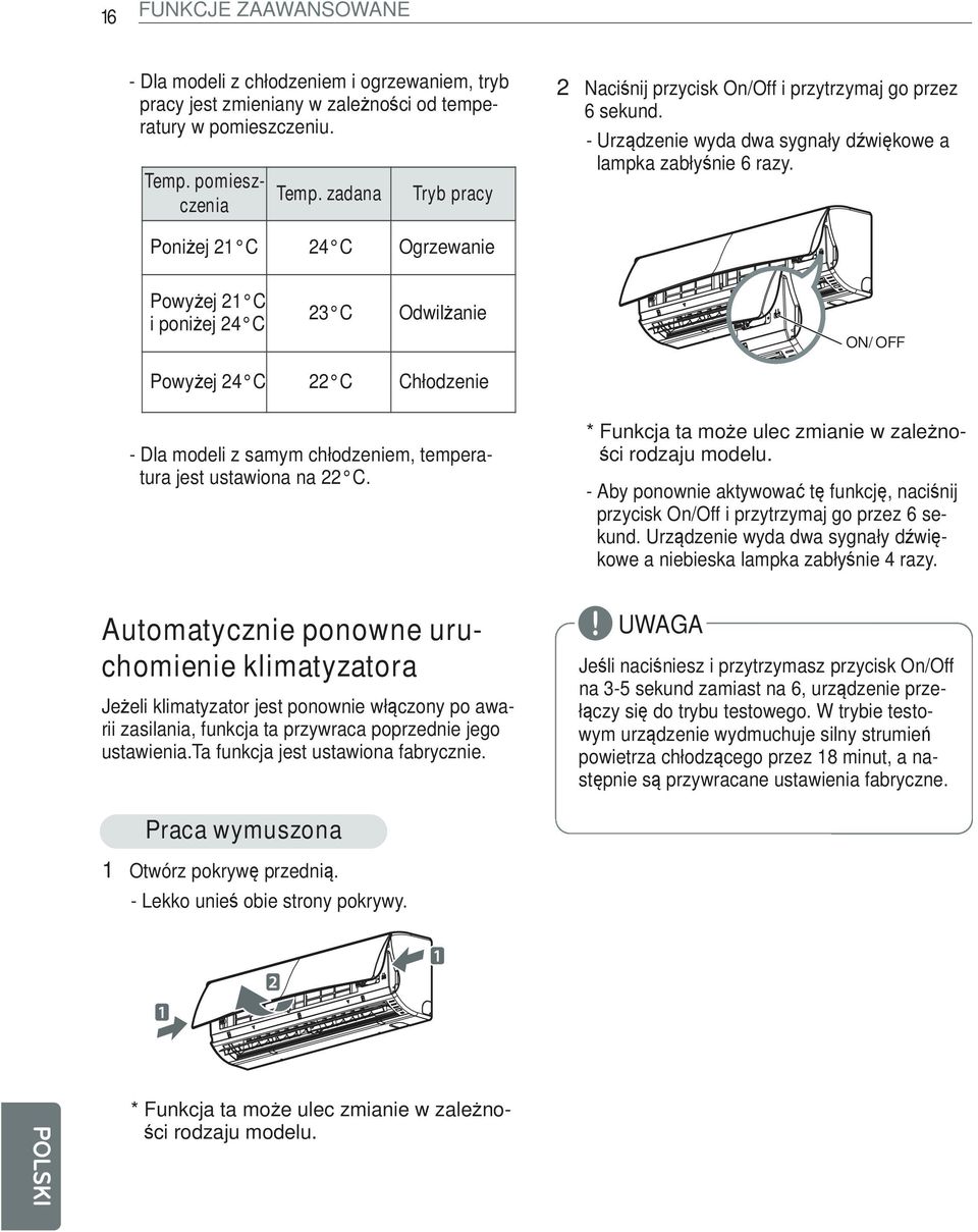 Poniżej 21 C 24 C Ogrzewanie Powyżej 21 C i poniżej 24 C 23 C Odwilżanie ON/ OFF Powyżej 24 C 22 C Chłodzenie - Dla modeli z samym chłodzeniem, temperatura jest ustawiona na 22 C.