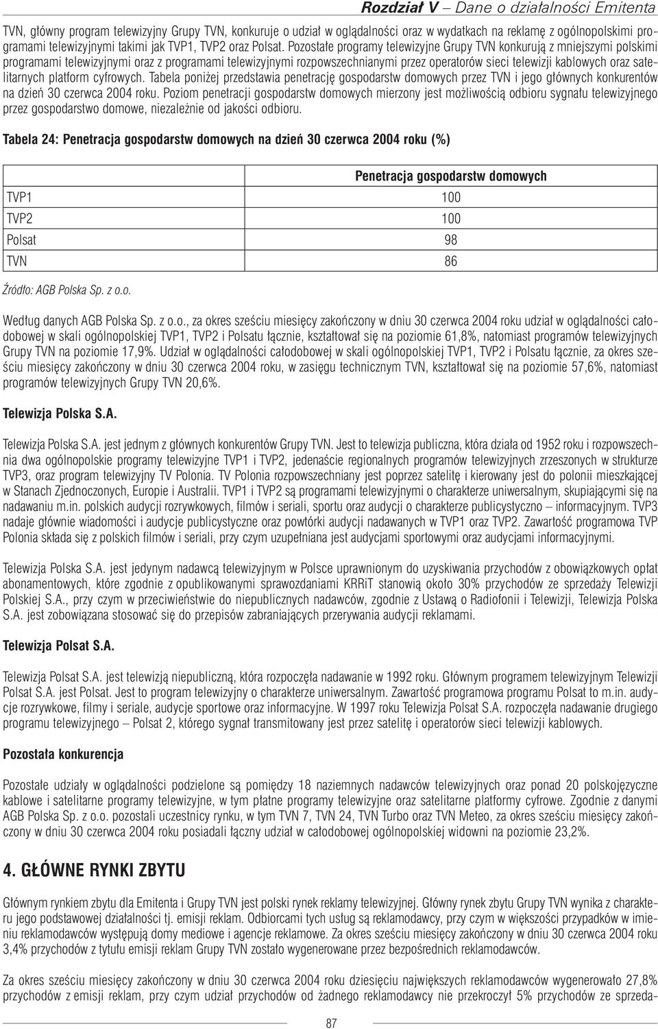 satelitarnych platform cyfrowych. Tabela poniżej przedstawia penetrację gospodarstw domowych przez TVN i jego głównych konkurentów na dzień 30 czerwca 2004 roku.