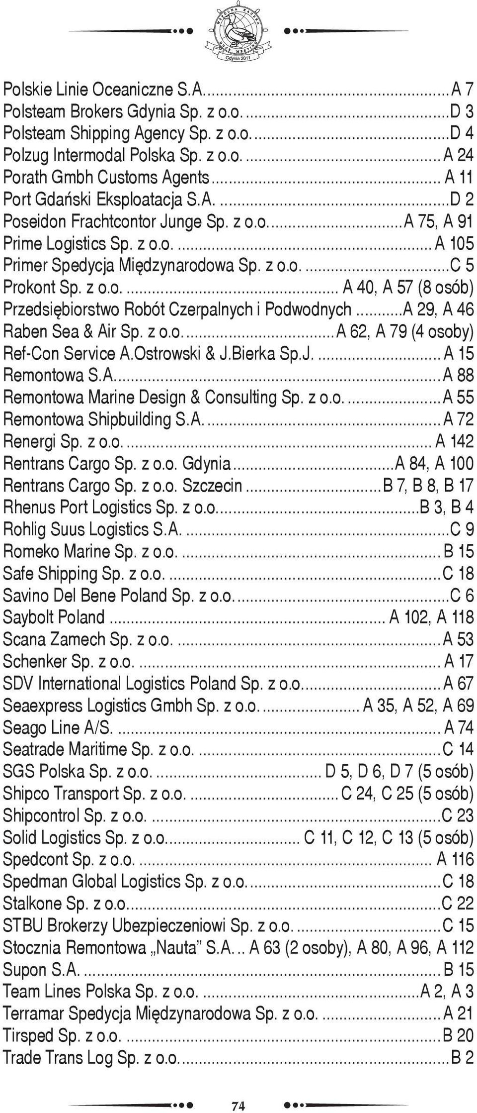 ..A 29, A 46 Raben Sea & Air Sp. z o.o....a 62, A 79 (4 osoby) Ref-Con Service A.Ostrowski & J.Bierka Sp.J.... A 15 Remontowa S.A....A 88 Remontowa Marine Design & Consulting Sp. z o.o....a 55 Remontowa Shipbuilding S.