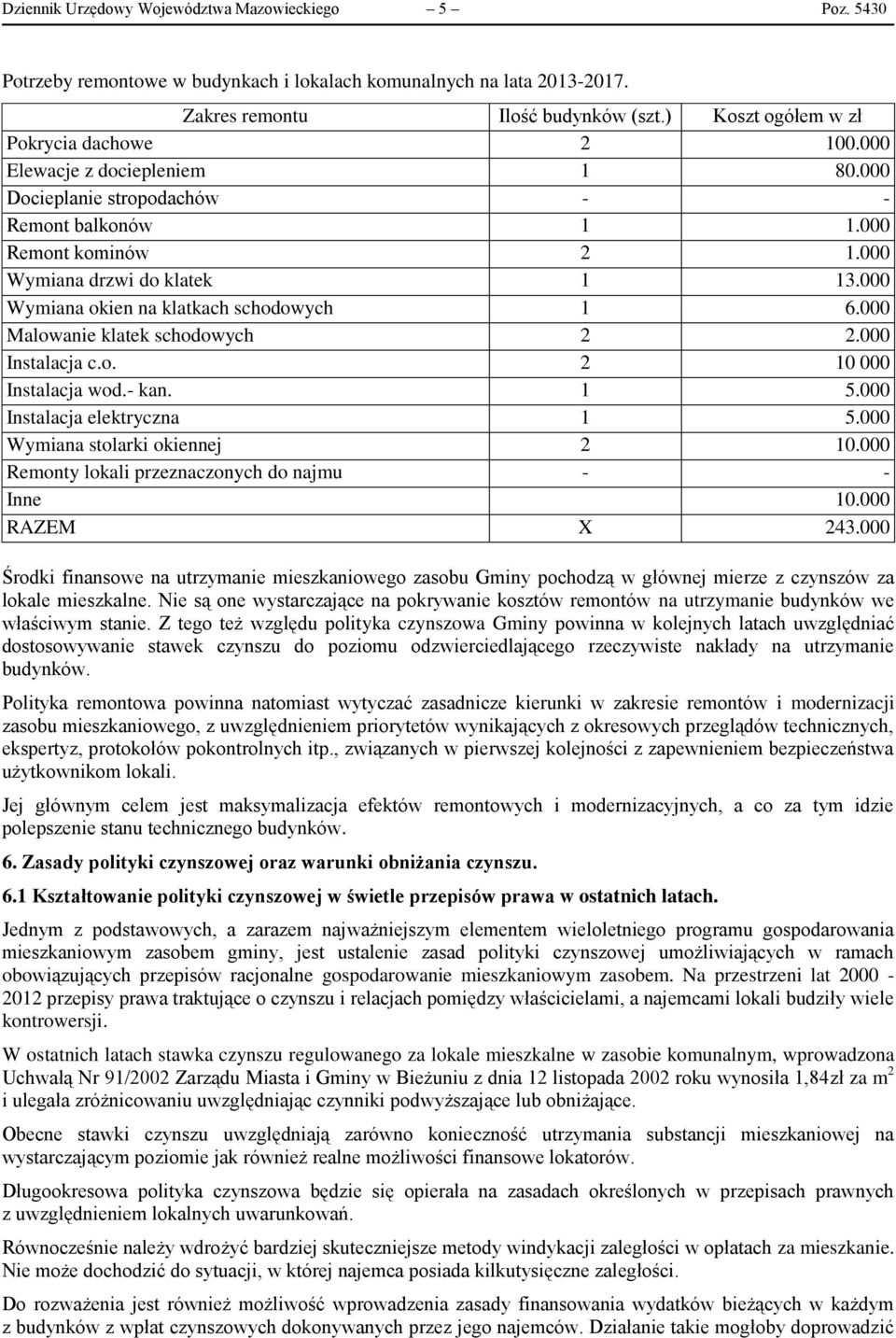 000 Wymiana okien na klatkach schodowych 1 6.000 Malowanie klatek schodowych 2 2.000 Instalacja c.o. 2 10 000 Instalacja wod.- kan. 1 5.000 Instalacja elektryczna 1 5.