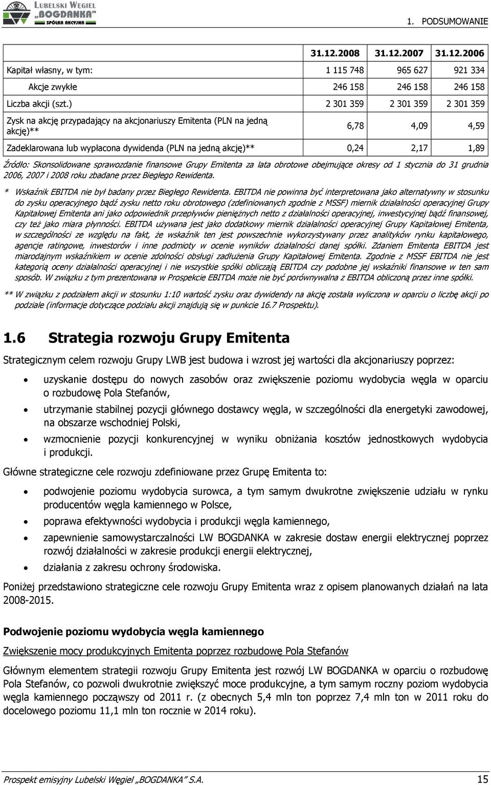 Źródło: Skonsolidowane sprawozdanie finansowe Grupy Emitenta za lata obrotowe obejmujące okresy od 1 stycznia do 31 grudnia 2006, 2007 i 2008 roku zbadane przez Biegłego Rewidenta.