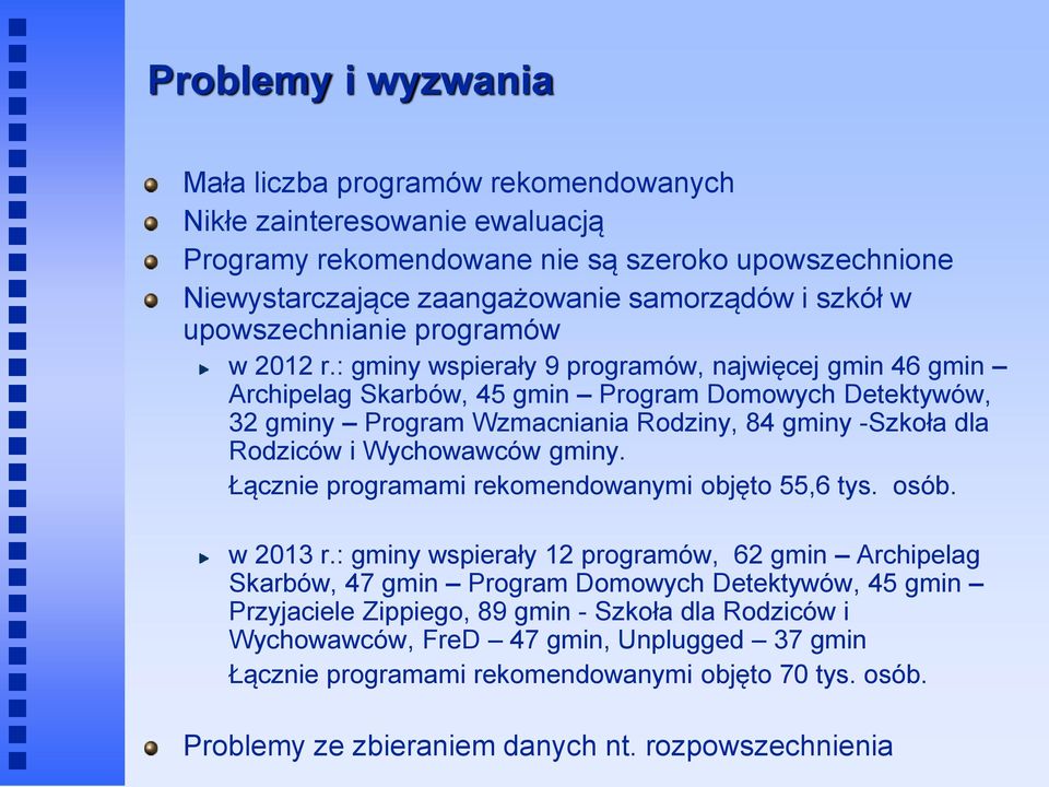 : gminy wspierały 9 programów, najwięcej gmin 46 gmin Archipelag Skarbów, 45 gmin Program Domowych Detektywów, 32 gminy Program Wzmacniania Rodziny, 84 gminy -Szkoła dla Rodziców i Wychowawców gminy.