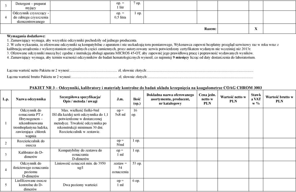 W celu wykazania, że oferowane odczynniki są kompatybilne z aparatem i nie uszkadzają toru pomiarowego, Wykonawca zapewni bezpłatny przegląd serwisowy raz w roku wraz z kalibracją urządzenia z