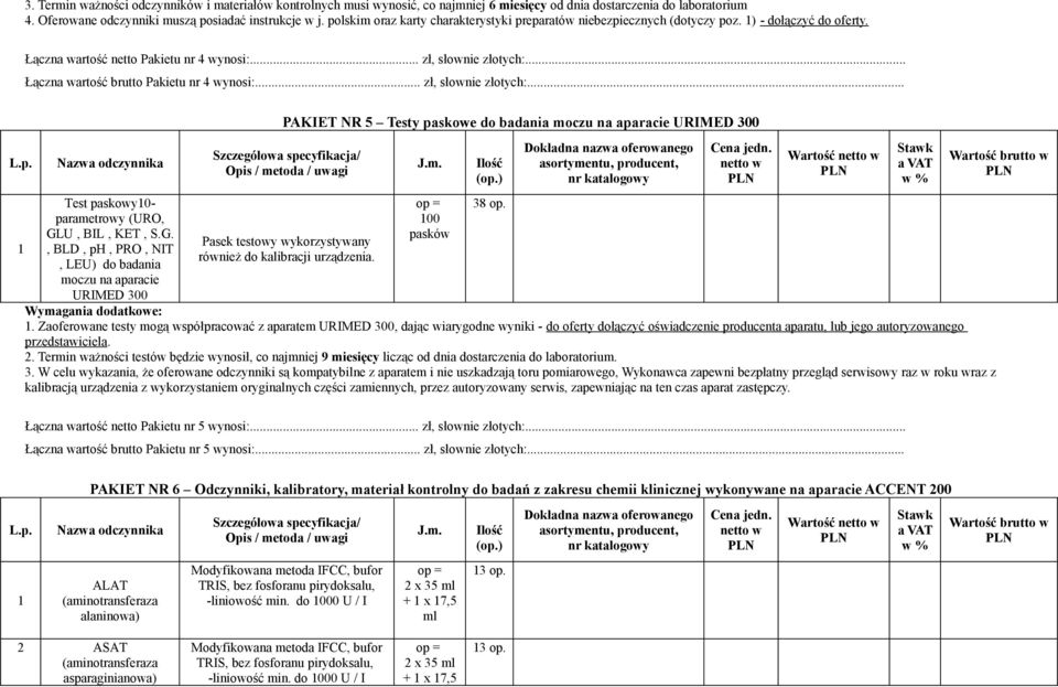 .. Łączna wartość brutto Pakietu nr 4 wynosi:... zł, słownie złotych:... L.p. 1 Nazwa odczynnika Test paskowy10- parametrowy (URO, GL