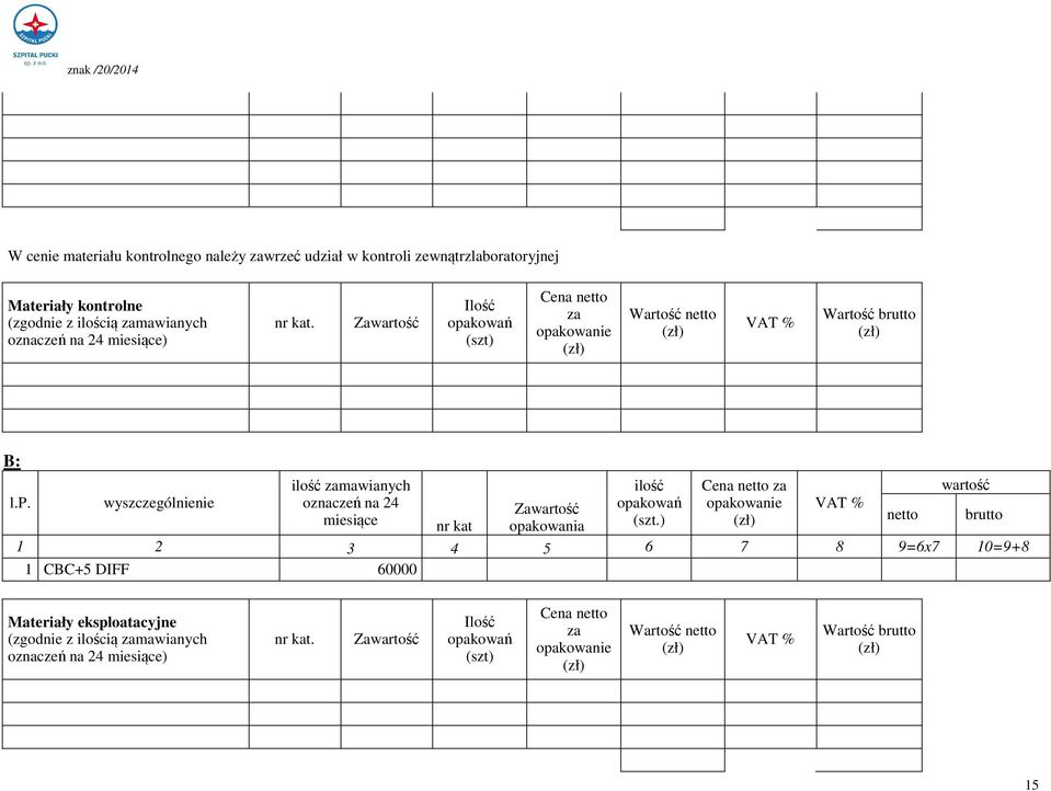 ) (zł) netto brutto 1 2 3 4 5 6 7 8 9=6x7 10=9+8 1 CBC+5 DIFF 60000 Materiały eksploatacyjne (zgodnie z ilością zamawianych oznaczeń na 24 miesiące) nr kat.