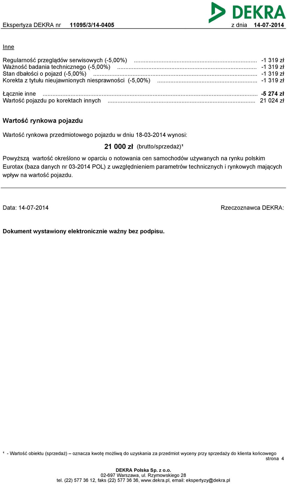 .. 21 024 zł Wartość rynkowa pojazdu Wartość rynkowa przedmiotowego pojazdu w dniu 18-03-2014 wynosi: 21 000 zł (brutto/sprzedaż)¹ Powyższą wartość określono w oparciu o notowania cen samochodów