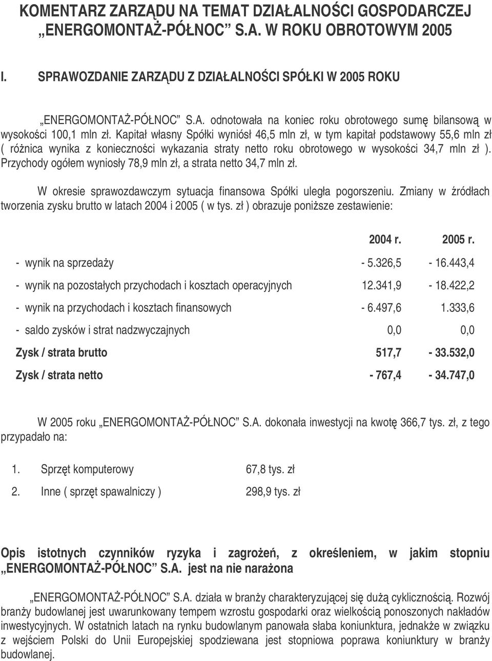 Przychody ogółem wyniosły 78,9 mln zł, a strata netto 34,7 mln zł. W okresie sprawozdawczym sytuacja finansowa Spółki uległa pogorszeniu.