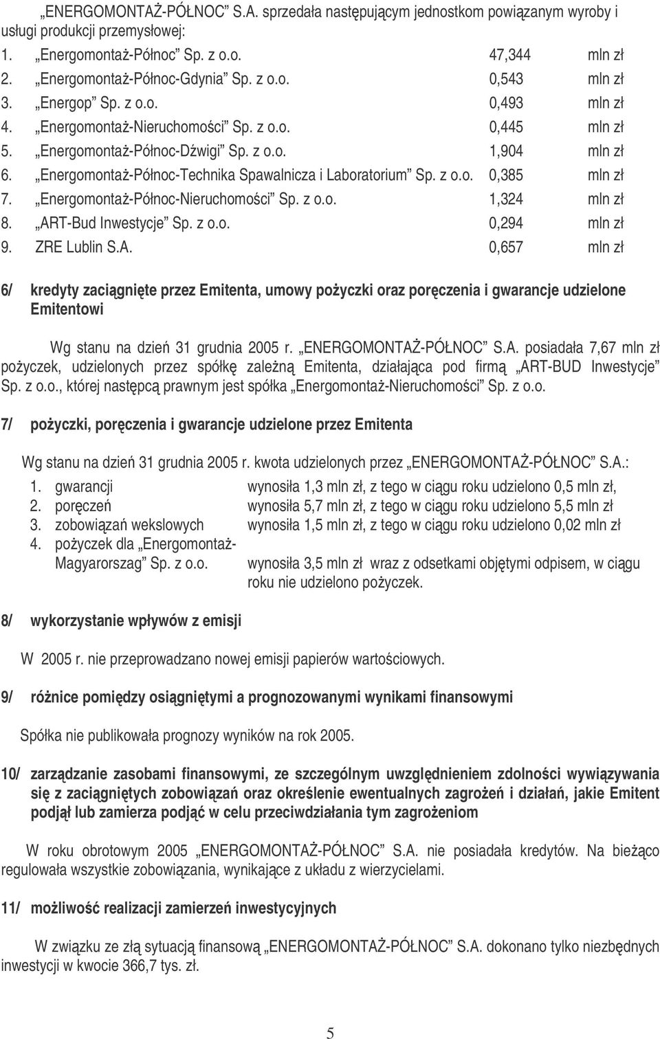 z o.o. 0,385 mln zł 7. Energomonta-Północ-Nieruchomoci Sp. z o.o. 1,324 mln zł 8. AR