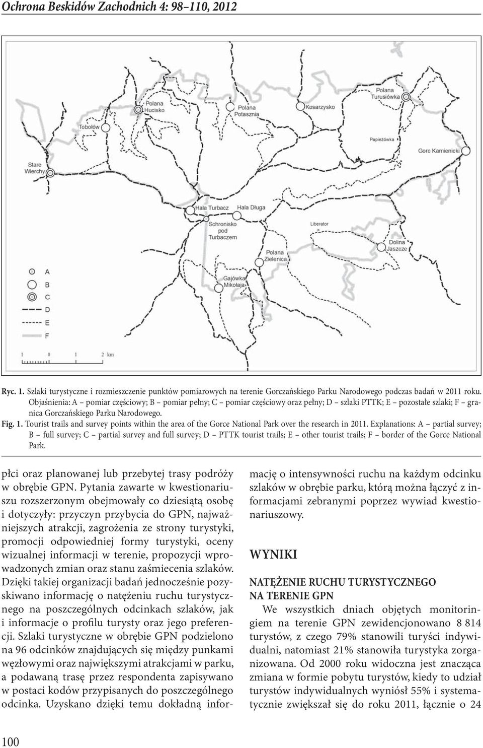 Tourist trails and survey points within the area of the Gorce National Park over the research in 2011.