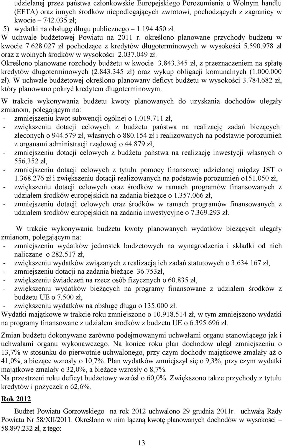 027 zł pochodzące z kredytów długoterminowych w wysokości 5.590.978 zł oraz z wolnych środków w wysokości 2.037.049 zł. Określono planowane rozchody budżetu w kwocie 3.843.