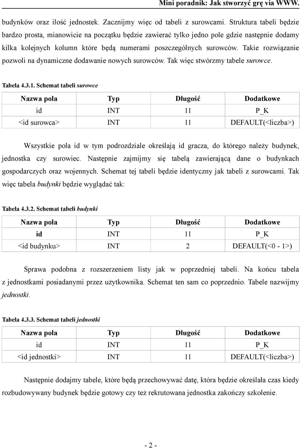 Takie rozwiązanie pozwoli na dynamiczne dodawanie nowych surowców. Tak więc stwórzmy tabele surowce. Tabela 4.3.1.