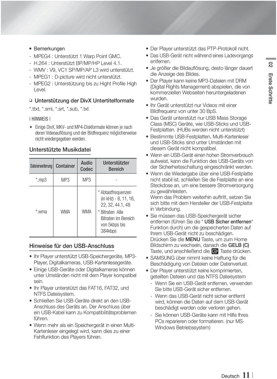 txt HINWEIS \ Einige DivX, MKV- und MP4-Diskformate können je nach deren Videoauflösung und der Bildfrequenz möglicherweise nicht wiedergegeben werden.