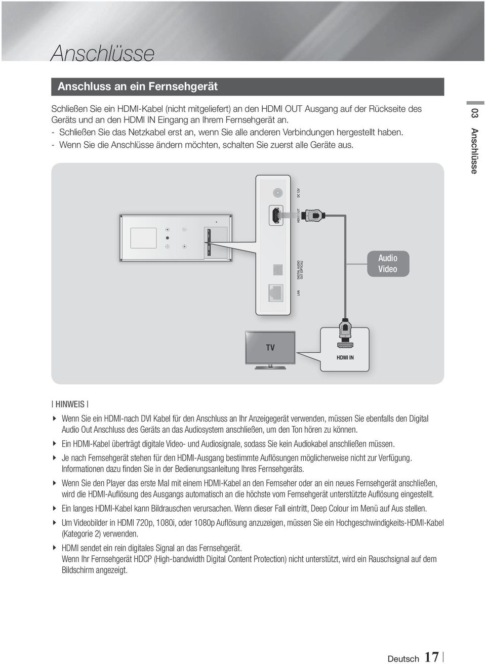 03 Anschlüsse Audio Video HINWEIS \ Wenn Sie ein HDMI-nach DVI Kabel für den Anschluss an Ihr Anzeigegerät verwenden, müssen Sie ebenfalls den Digital Audio Out Anschluss des Geräts an das