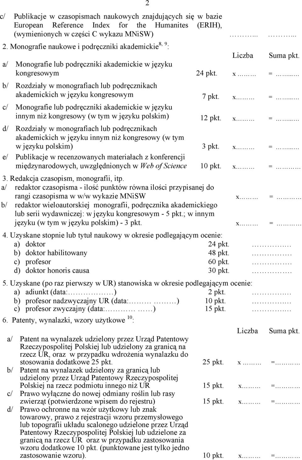 .. b/ Rozdziały w monografiach lub podręcznikach akademickich w języku kongresowym 7 pkt. x =... c/ Monografie lub podręczniki akademickie w języku innym niż kongresowy (w tym w języku polskim) 12 pkt.