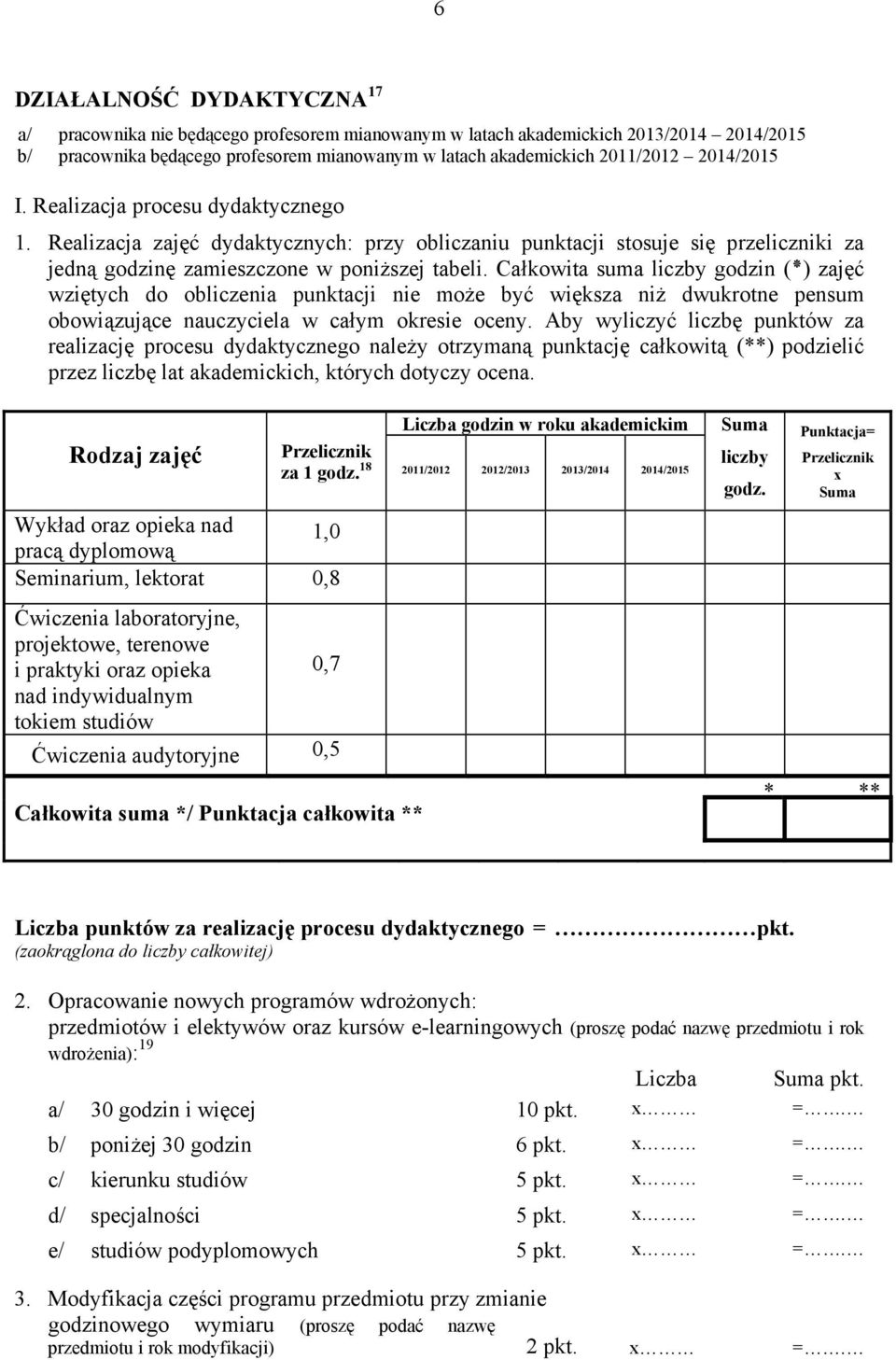 Całkowita suma liczby godzin ( ) zajęć wziętych do obliczenia punktacji nie może być większa niż dwukrotne pensum obowiązujące nauczyciela w całym okresie oceny.