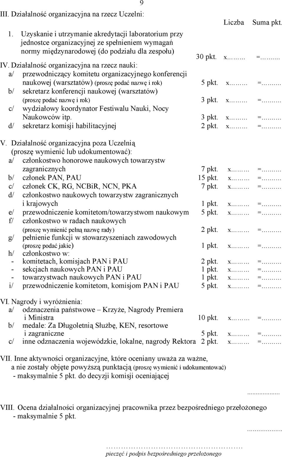 Działalność organizacyjna na rzecz nauki: a/ przewodniczący komitetu organizacyjnego konferencji naukowej (warsztatów) (proszę podać nazwę i rok) 5 pkt. x =.