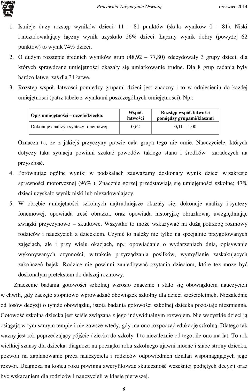 . O dużym rozstępie średnich wyników grup (48,9 77,80) zdecydowały grupy dzieci, dla których sprawdzane umiejętności okazały się umiarkowanie trudne.