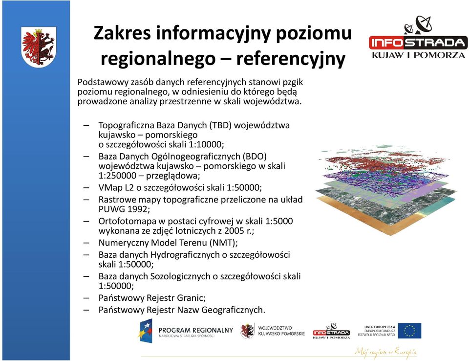 Topograficzna Baza Danych (TBD) województwa kujawsko pomorskiego o szczegółowości skali 1:10000; Baza Danych Ogólnogeograficznych (BDO) województwa kujawsko pomorskiego w skali 1:250000 przeglądowa;