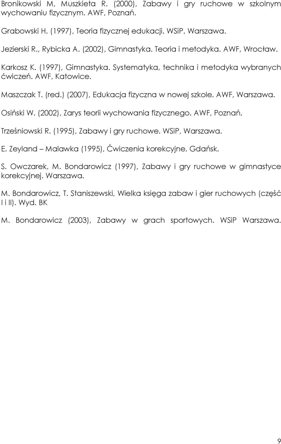 ) (2007), Edukacja fizyczna w nowej szkole. AWF, Warszawa. Osiński W. (2002), Zarys teorii wychowania fizycznego. AWF, Poznań. Trześniowski R. (1995), Zabawy i gry ruchowe. WSiP, Warszawa. E. Zeyland Malawka (1995), Ćwiczenia korekcyjne.