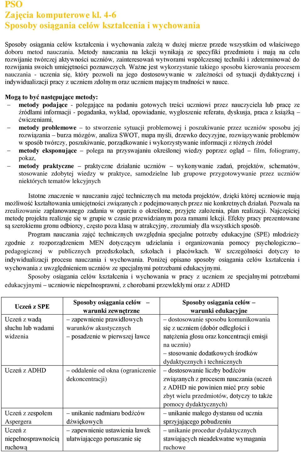 Metody nauczania na lekcji wynikają ze specyfiki przedmiotu i mają na celu rozwijanie twórczej aktywności uczniów, zainteresowań wytworami współczesnej techniki i zdeterminować do rozwijania swoich