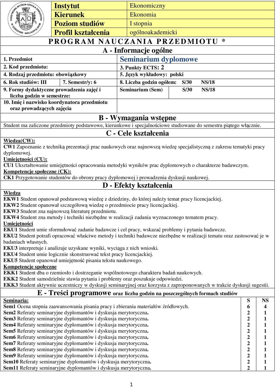 Formy dydaktyczne prowadzenia zajęć i liczba godzin w semestrze: Seminarium (Sem) S/30 NS/8 0.