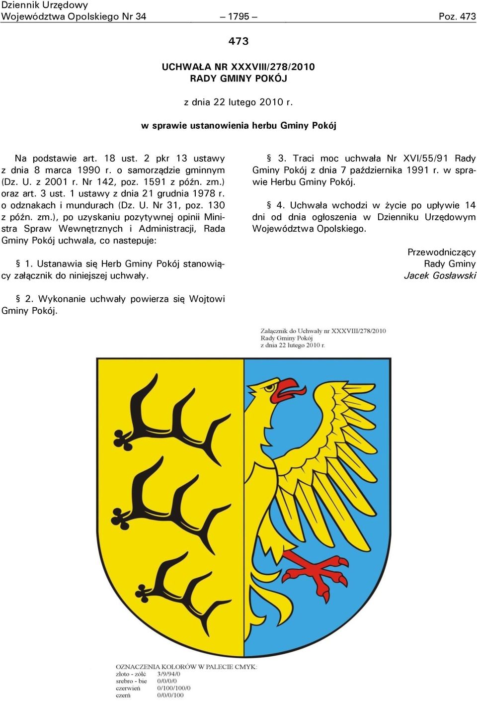 130 z późn. zm.), po uzyskaniu pozytywnej opinii Ministra Spraw Wewnętrznych i Administracji, Rada Gminy Pokój uchwala, co nastepuje: 1.