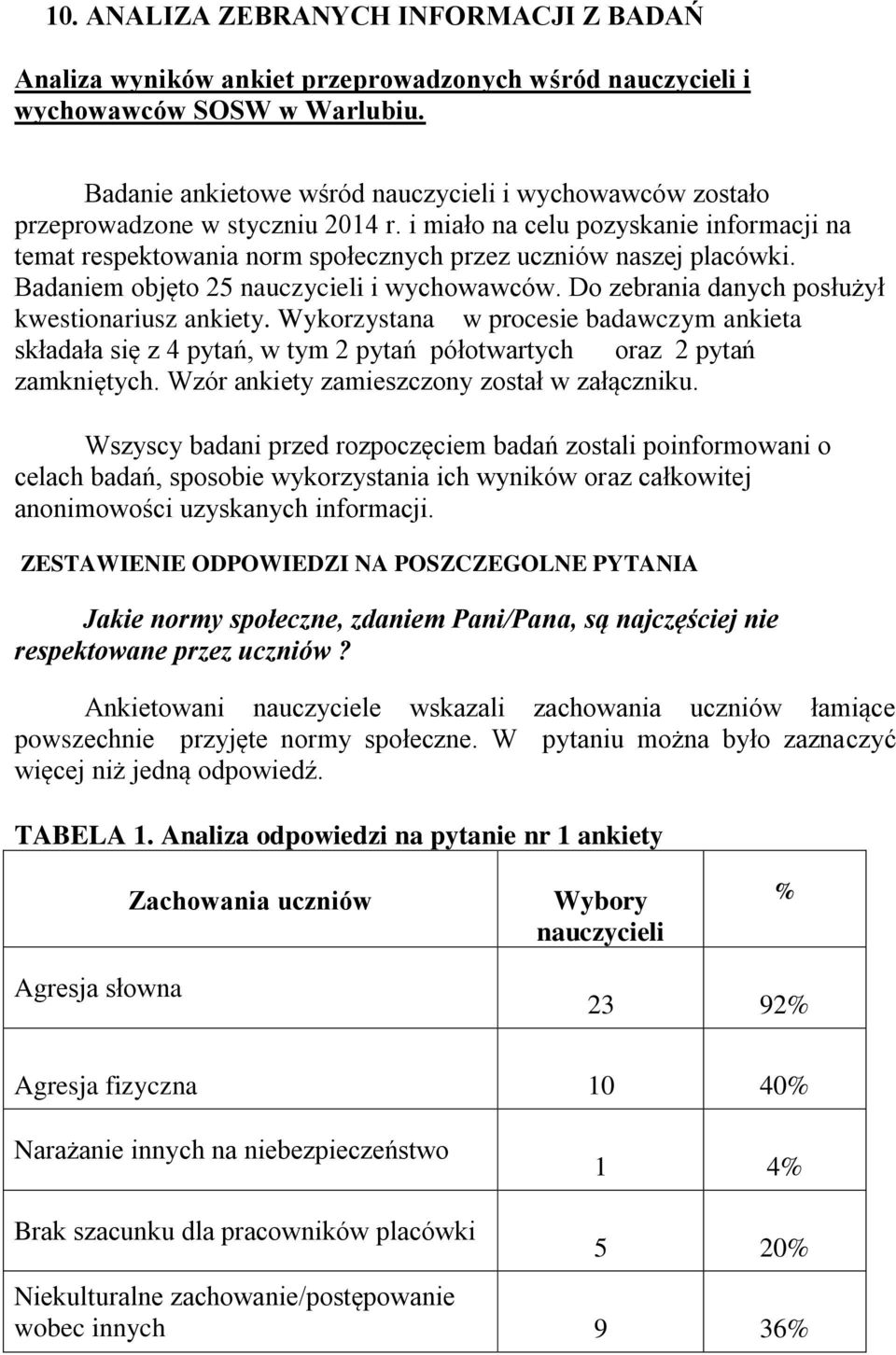 Badaniem objęto 25 nauczycieli i wychowawców. Do zebrania danych posłużył kwestionariusz ankiety.