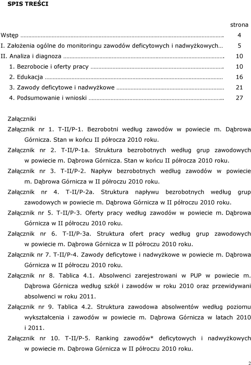 T-/P-1a. Strutura bezrobotnych według grup zawodowych w powiecie m. Dąbrowa Górnicza. Stan w ońcu półrocza 2010 rou. Załączni nr 3. T-/P-2. Napływ bezrobotnych według zawodów w powiecie m.